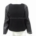 Women's PU jacket, polyester/rayon woven body fabric and PU for sleeves, metal zipper at CB